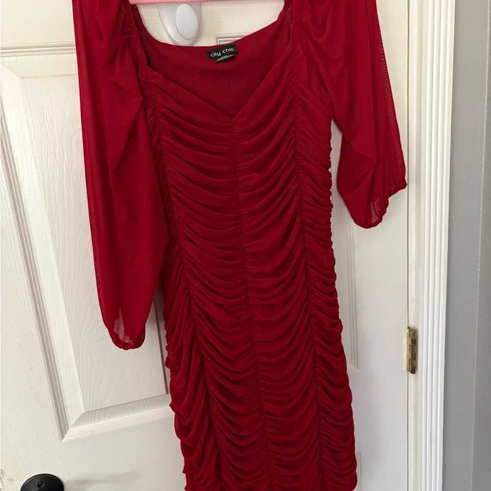 City Chic Red Long Sleeve Ruched Dress